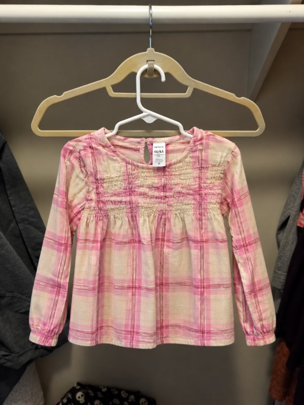 Carter’s Girls Pink Plaid Smocked Long Sleeve Top Size 4T